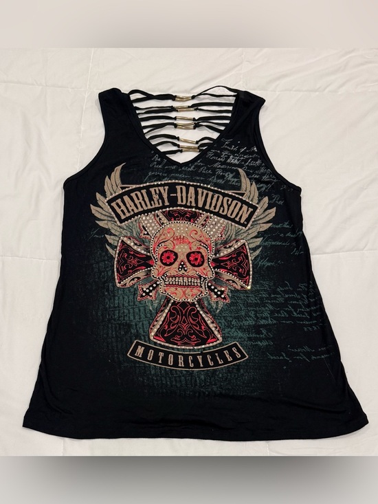 Harley-Davidson Tops - Harley-Davidson Black Tank Top w/ Red Accent Skull Graphic & Strappy Back Sz 1X
